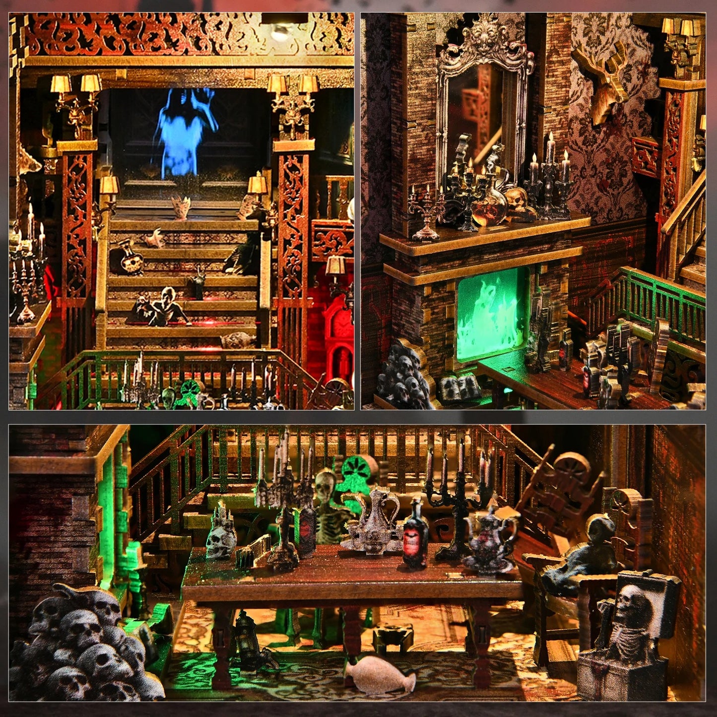 Montage photo d'un book nook manoir hanté : escalier gothique avec fantôme bleu, cheminée à flammes vertes et salle à manger macabre avec squelettes et crânes. Maquette DIY avec éclairage LED