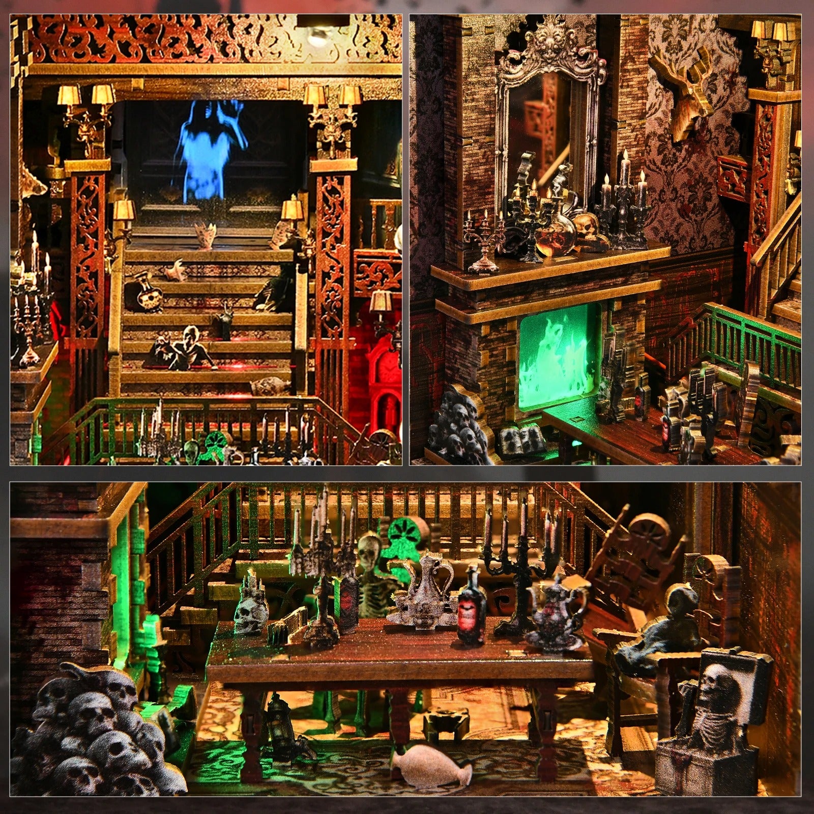 Montage photo d'un book nook manoir hanté : escalier gothique avec fantôme bleu, cheminée à flammes vertes et salle à manger macabre avec squelettes et crânes. Maquette DIY avec éclairage LED