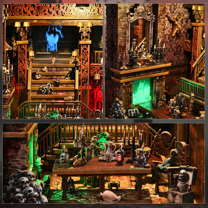 Montage photo d'un book nook manoir hanté : escalier gothique avec fantôme bleu, cheminée à flammes vertes et salle à manger macabre avec squelettes et crânes. Maquette DIY avec éclairage LED
