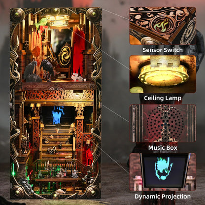 Présentation du kit DIY Book Nook 'Bloody Hotel' : maquette en bois de 250 pièces sur le thème manoir hanté. Dimensions 23x18x11cm, alimentation par port Type-C. Décoration miniature d'horreur pour bibliothèque.