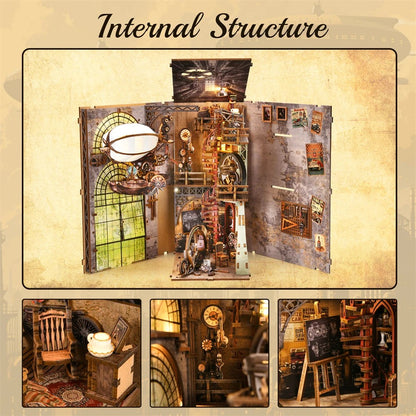 Infographie produit d'un serre-livres miniature steampunk en bois avec zoom sur ses fonctionnalités techniques. À gauche, vue d'ensemble du book nook illuminé montrant un dirigeable et des engrenages. À droite, quatre vignettes détaillent : le commutateur tactile (Sensor Switch), les éléments décoratifs de l'intrigue (Punchline), le bois robuste et sans odeur, et l'éclairage LED chaleureux pour la protection des yeux.