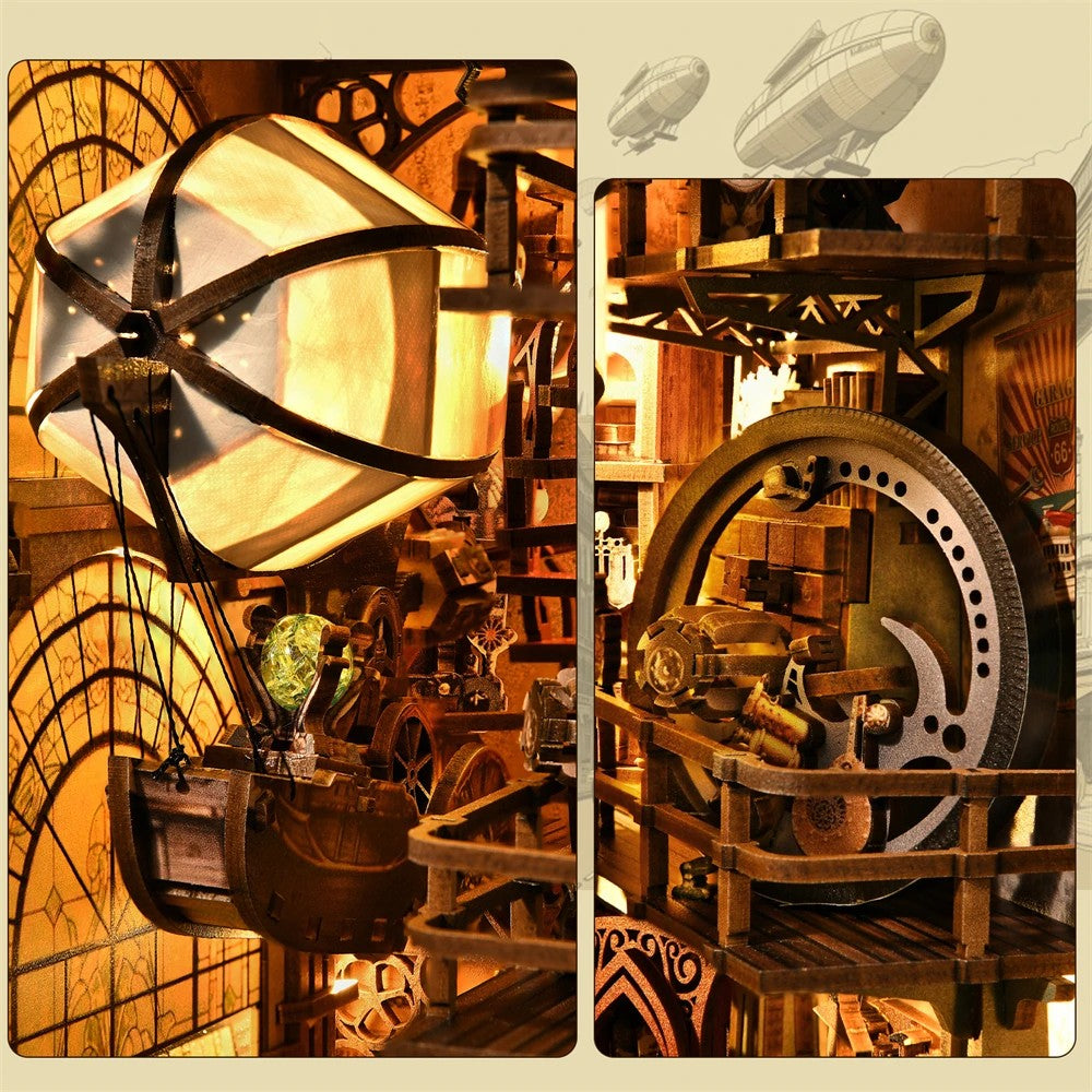 Deux gros plans détaillés d'une maquette de serre-livres miniature (DIY book nook) au style steampunk et industriel. À gauche, une montgolfière lumineuse avec une nacelle en bois sombre est suspendue devant des vitraux décorés. À droite, un mécanisme complexe composé de grandes roues dentées, d'engrenages et de passerelles en bois. L'ensemble est baigné d'une lumière chaude et ambrée, créant une atmosphère mystérieuse et rétro-futuriste.