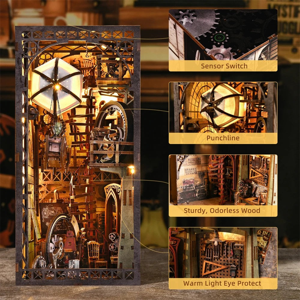 Une infographie présentant un serre-livres miniature (book nook) en bois de style steampunk, avec quatre zooms sur ses fonctionnalités. L'image principale à gauche montre la structure verticale complète, riche en détails : un ballon dirigeable lumineux, des engrenages, une horloge et un atelier miniature. À droite, quatre encadrés soulignent les points forts : un interrupteur à capteur tactile (« Sensor Switch »), des éléments décoratifs clés (« Punchline »), l'utilisation d'un bois robuste et sans odeur («