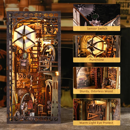 Une infographie présentant un serre-livres miniature (book nook) en bois de style steampunk, avec quatre zooms sur ses fonctionnalités. L'image principale à gauche montre la structure verticale complète, riche en détails : un ballon dirigeable lumineux, des engrenages, une horloge et un atelier miniature. À droite, quatre encadrés soulignent les points forts : un interrupteur à capteur tactile (« Sensor Switch »), des éléments décoratifs clés (« Punchline »), l'utilisation d'un bois robuste et sans odeur («