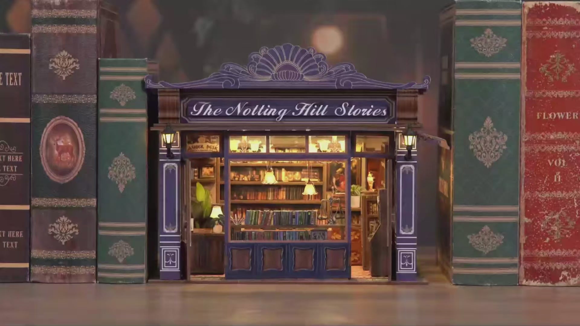 Vidéo en accéléré (timelapse) montrant l'assemblage complet d'un book nook miniature intitulé "The Notting Hill Stories". On y voit la construction étape par étape : le montage des étagères, le placement des minuscules livres colorés, l'installation des éléments décoratifs comme un gramophone et des plantes, ainsi que le câblage du système d'éclairage LED. La vidéo se termine par une démonstration de l'interrupteur tactile qui illumine l'intérieur chaleureux de la librairie victorienne.