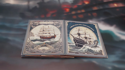 Détails d'un serre-livres DIY "Riddle on the Seabed" en bois : boule de cristal lumineuse, coquillage à perle, méduse miniature et épave de galion rétroéclairée.