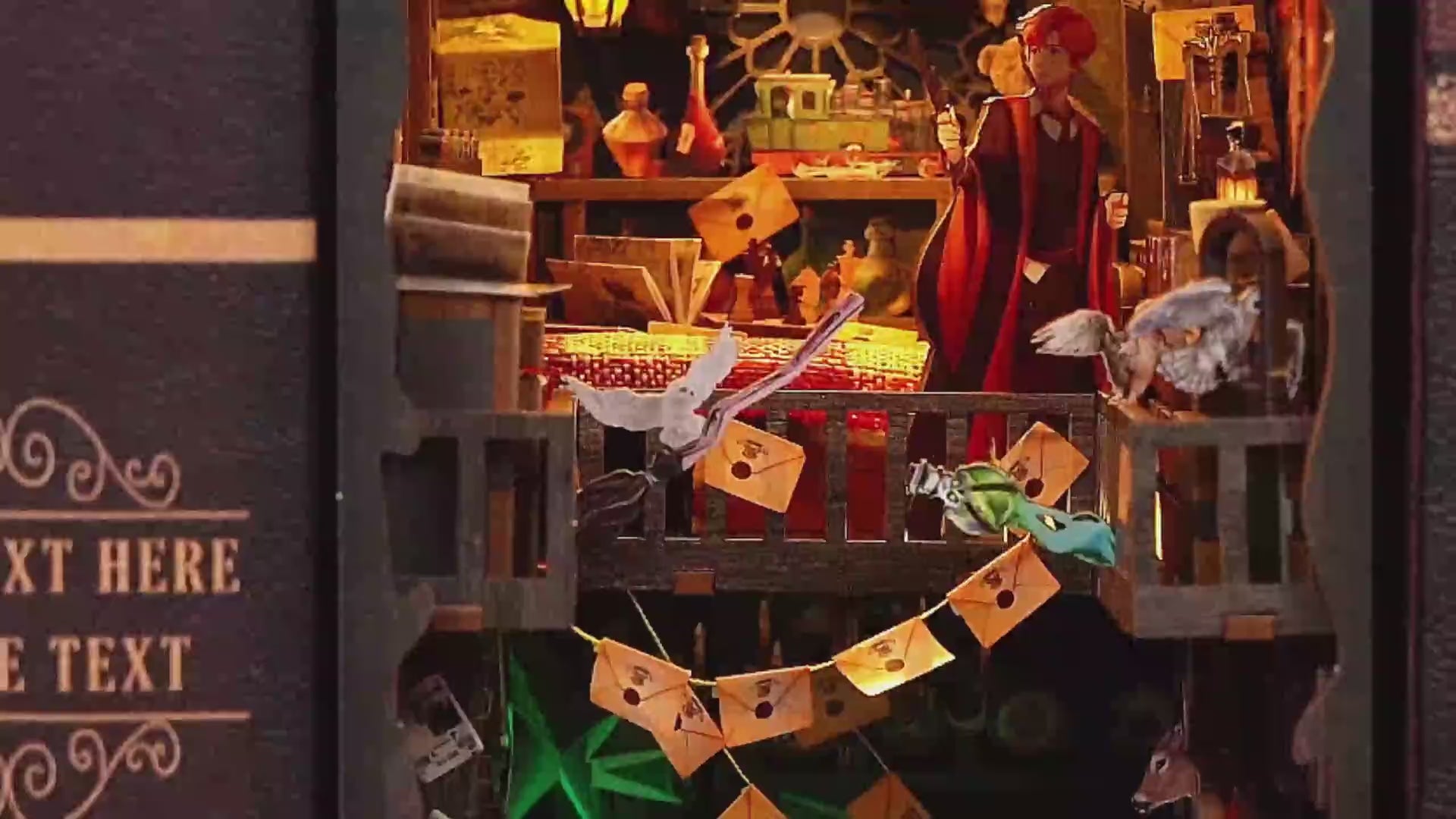 Assemblage d'un serre-livres miniature "The House of Magic" : montage des pièces en bois découpées au laser, installation du système électrique LED et mise en situation sur une bibliothèque.