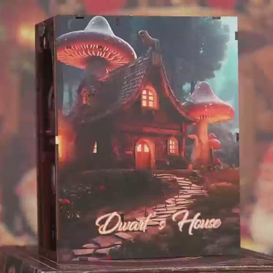 Vidéo de présentation du Book Nook Dwarf's House : démonstration d'une maison de nains miniature avec éclairage LED chaleureux, personnages fantastiques et mobilier sculpté. Maquette 3D en bois pour décoration de bibliothèque.