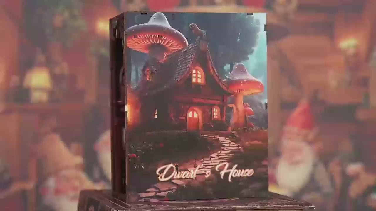 Vidéo de présentation du Book Nook Dwarf's House : démonstration d'une maison de nains miniature avec éclairage LED chaleureux, personnages fantastiques et mobilier sculpté. Maquette 3D en bois pour décoration de bibliothèque.