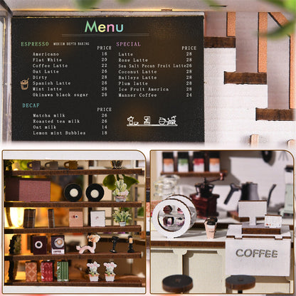 Présentation des options d'éclairage d'un serre-livres miniature illuminé représentant une scène de forêt fantastique. L'image montre une main activant un interrupteur tactile sur le dessus de la structure en bois, illustré en gros plan dans un cercle de détail. Trois icônes sur la gauche listent les caractéristiques : Touch Switch (interrupteur tactile), Multi Lights (multiples sources lumineuses) et Soft Light (lumière douce). Le décor intérieur est richement détaillé avec des étages, des arbres miniature